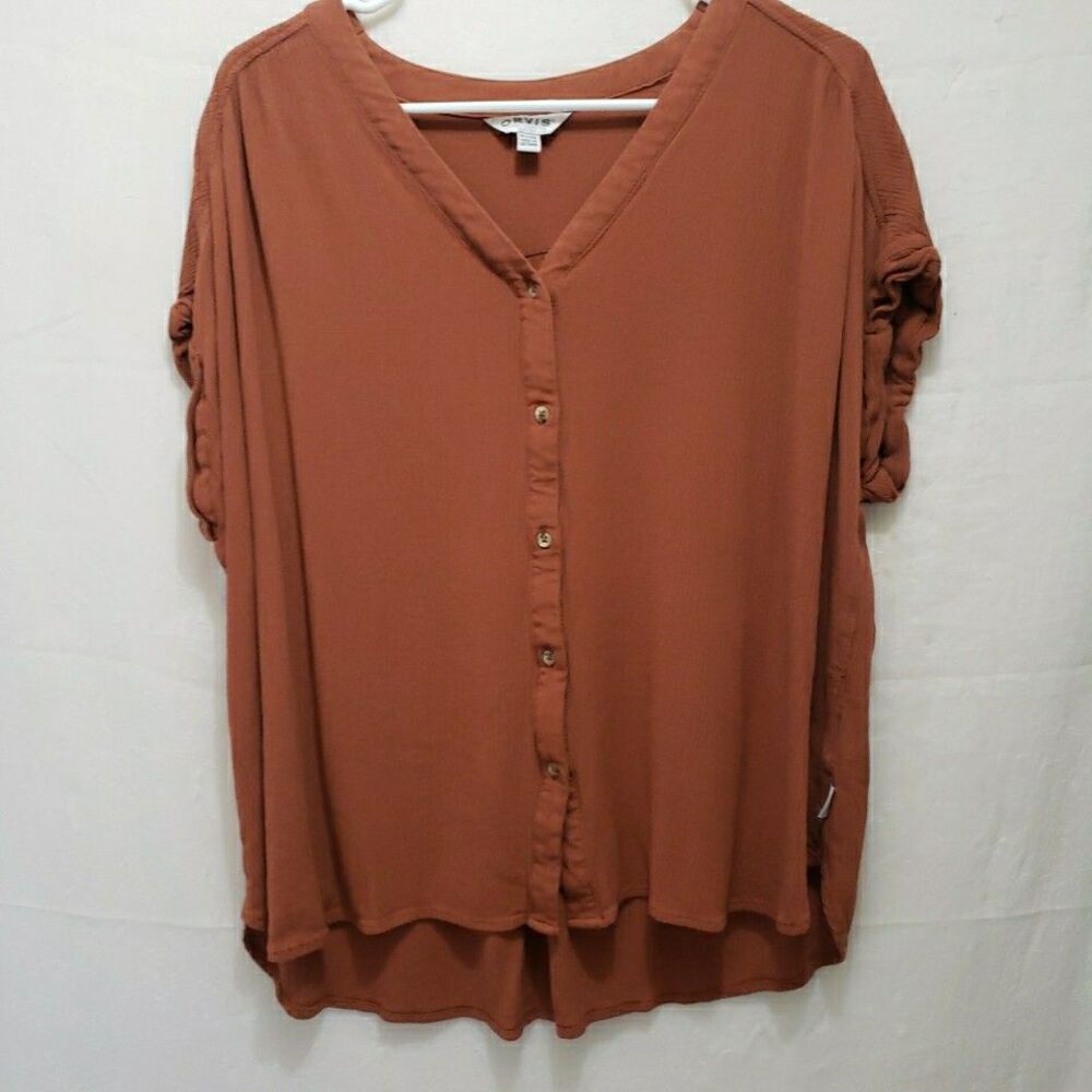 Orvis Terracotta Rust Orange Rayon Crinkle Blouse XL Button Down Short Sleeve